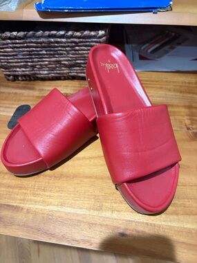 beek Red Leather Wide Strap Slide Sandals